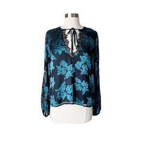 Lovers + Friends Blouse M Lace Trim Floral Long Sleeve V-Neck Top Black Blue